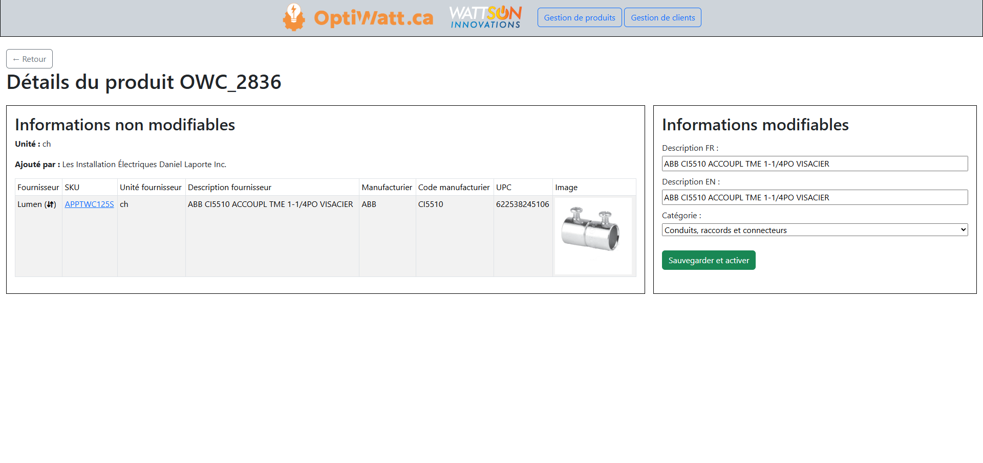 Page de modification d'un produit