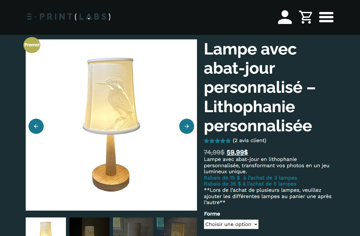 Page d'un produit sur e-printlabs.ca