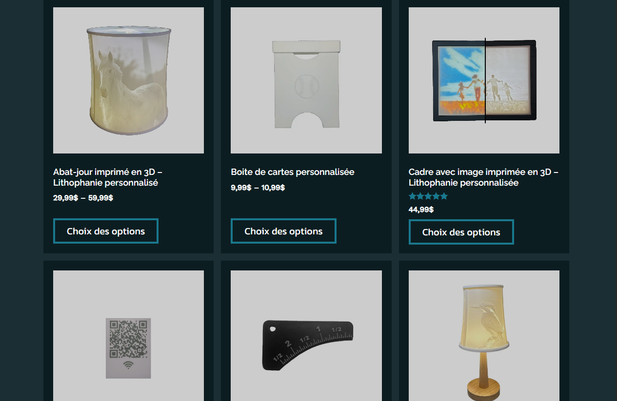 Page boutique contenant les produits